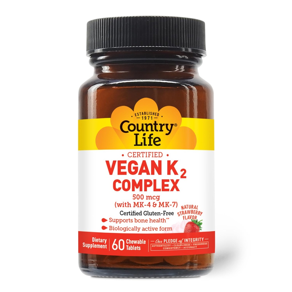 乡村生活 维根 K2-500 mcg, 60 Ct. Chewable 板块. Strawberry Flavor - 认证格卢滕免费 - 认证 Vegan by AVA - 支持骨质健康
