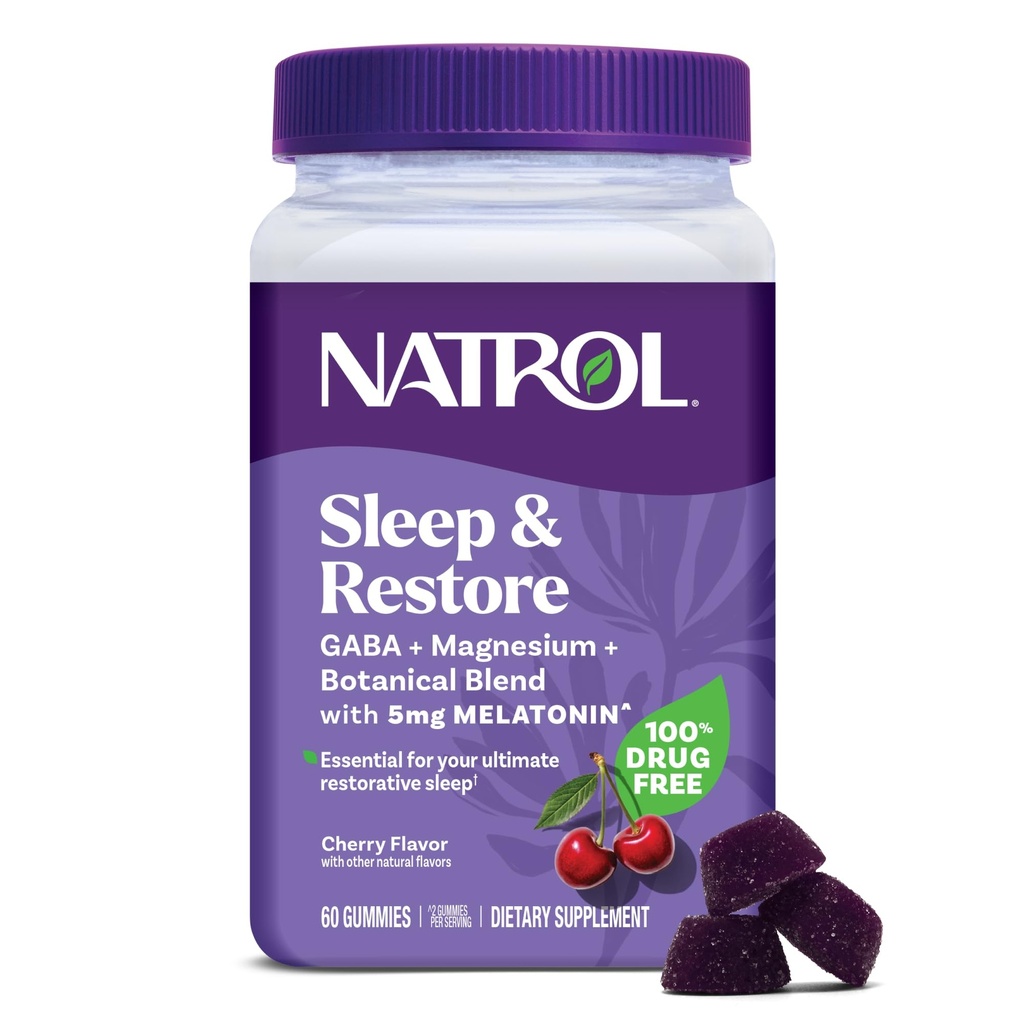 Natrol Sleep + 与 Melatonin 5 mg 一起还原镁 Glycnate Blend Gummys – 与 GABA , 植物混合剂, Cherry Flavor , 60 Gummys 一同冷却镁