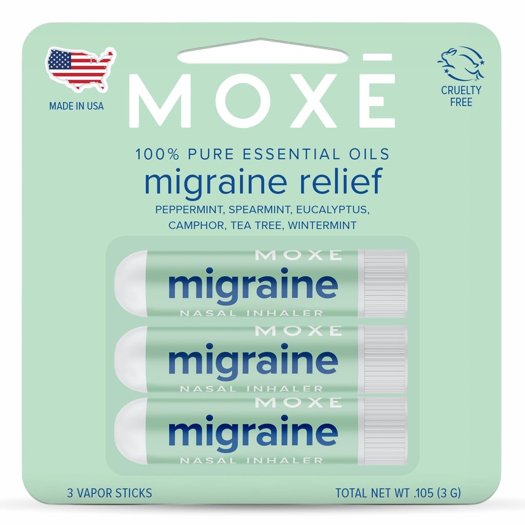 MOXE Migraine Relief Nasal Inhalers, 头痛和紧张救济的基本油料, 便携式阿洛马疗法, 易用, 纯和未稀释, Peppermint, Spermamint, Eucalyptus, 茶树, 美国制造, 3 Pack