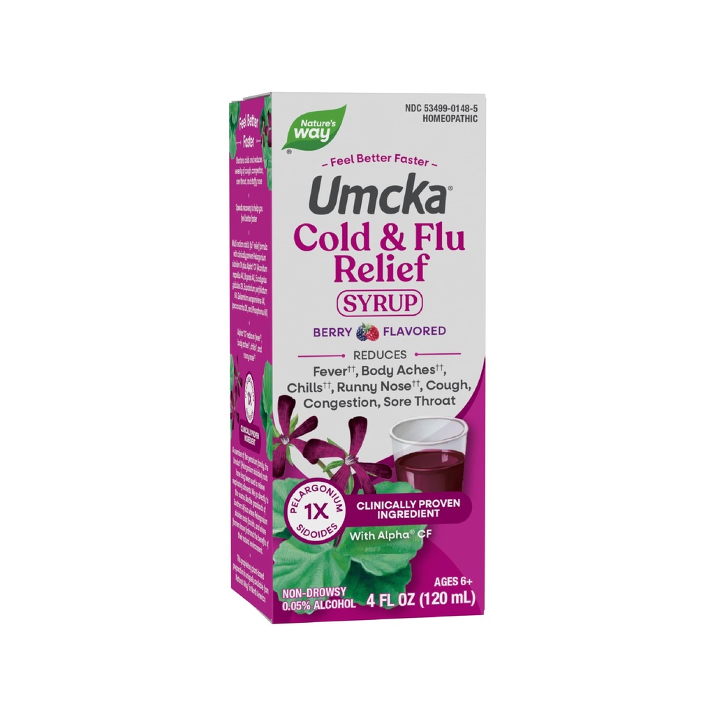 自然之道 冷+Flu 救济糖浆,Umcka,Fever*,酸喉,咳嗽,摄取,体痛*,Homopathic,苯乙烯自由,0.05%酒精,Berry Flavored,4 Fl Oz(包装 May Vary)