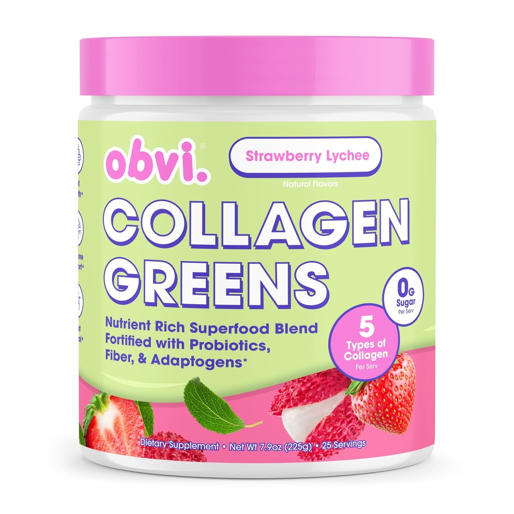 Obvi Collagen Greens 有机绿色超级食品粉 配有Collagen Peptides 用于古特健康、皮肤、毛发、钉子的抗生素 零糖 草莓 Lychee Flavor, 25种服务