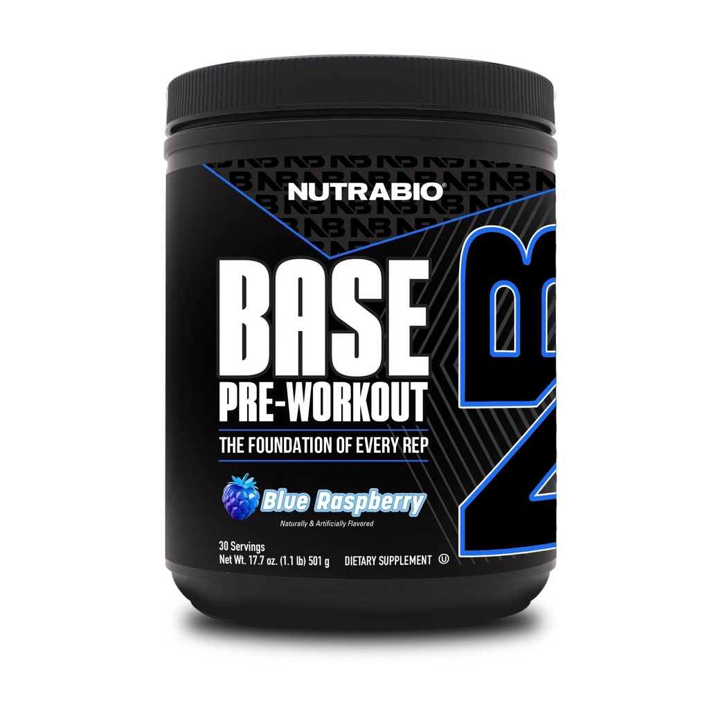 NutraBio Base 工作前粉末 200mg 咖啡因,持续能源,焦点,耐力,泵,无糖,男女清洁预研 - Beta Alanine, L-Tyrosine, 30 services - Blue Raspberry