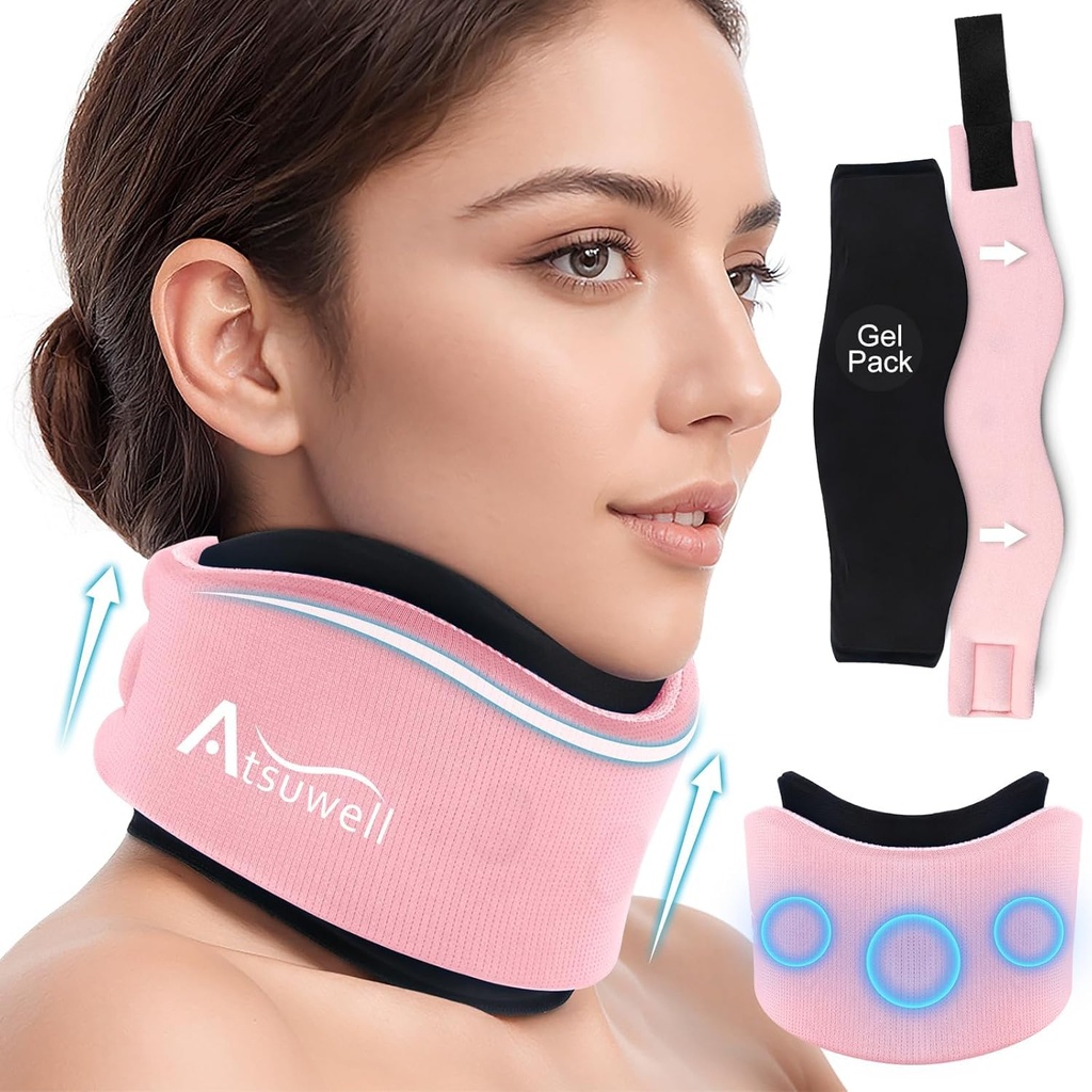 Atsuwell Soft Neck Brace Cervical Collar, Adjustable Neck Support Brace with Removable Gel Pack, Reusable Ice Wrap for Correct Posture, Sleeping, Pink