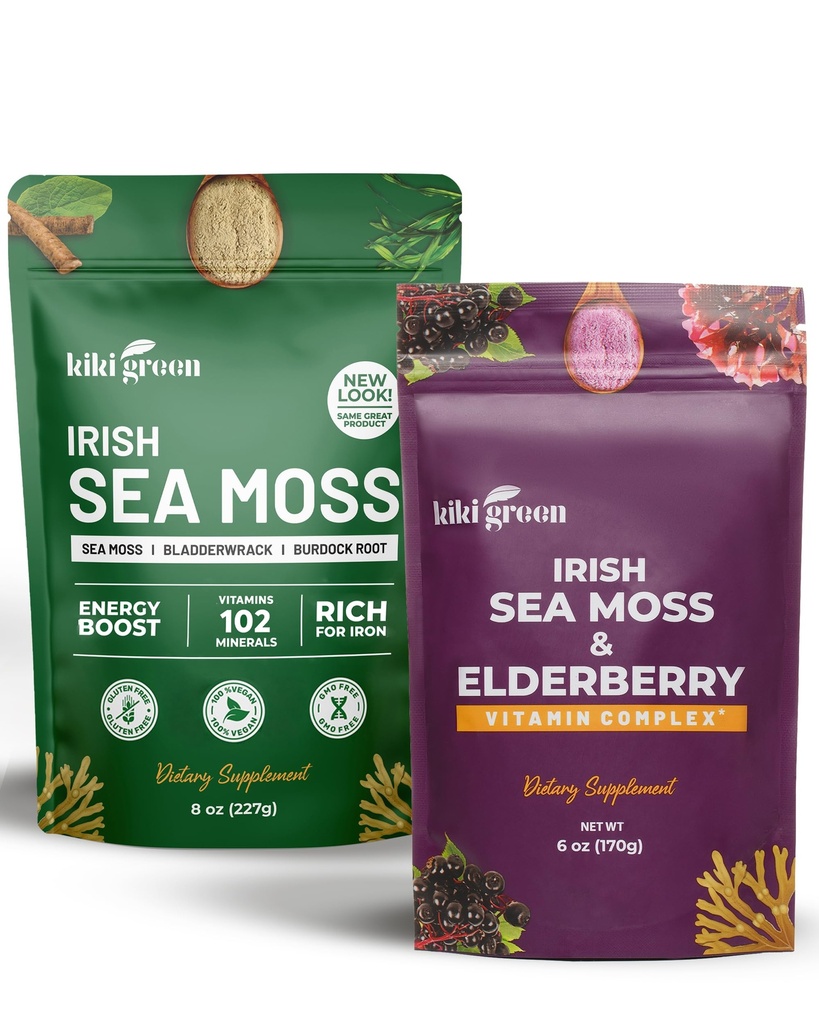 KIKI 绿海摩斯粉盒 - Immune支持超食品 Complex 8 oz, 6 oz - Raw Sea Moss, Burdock Root, Bladderwrack, 长老莓提取 - 用于豁免靴,能源与健康支持