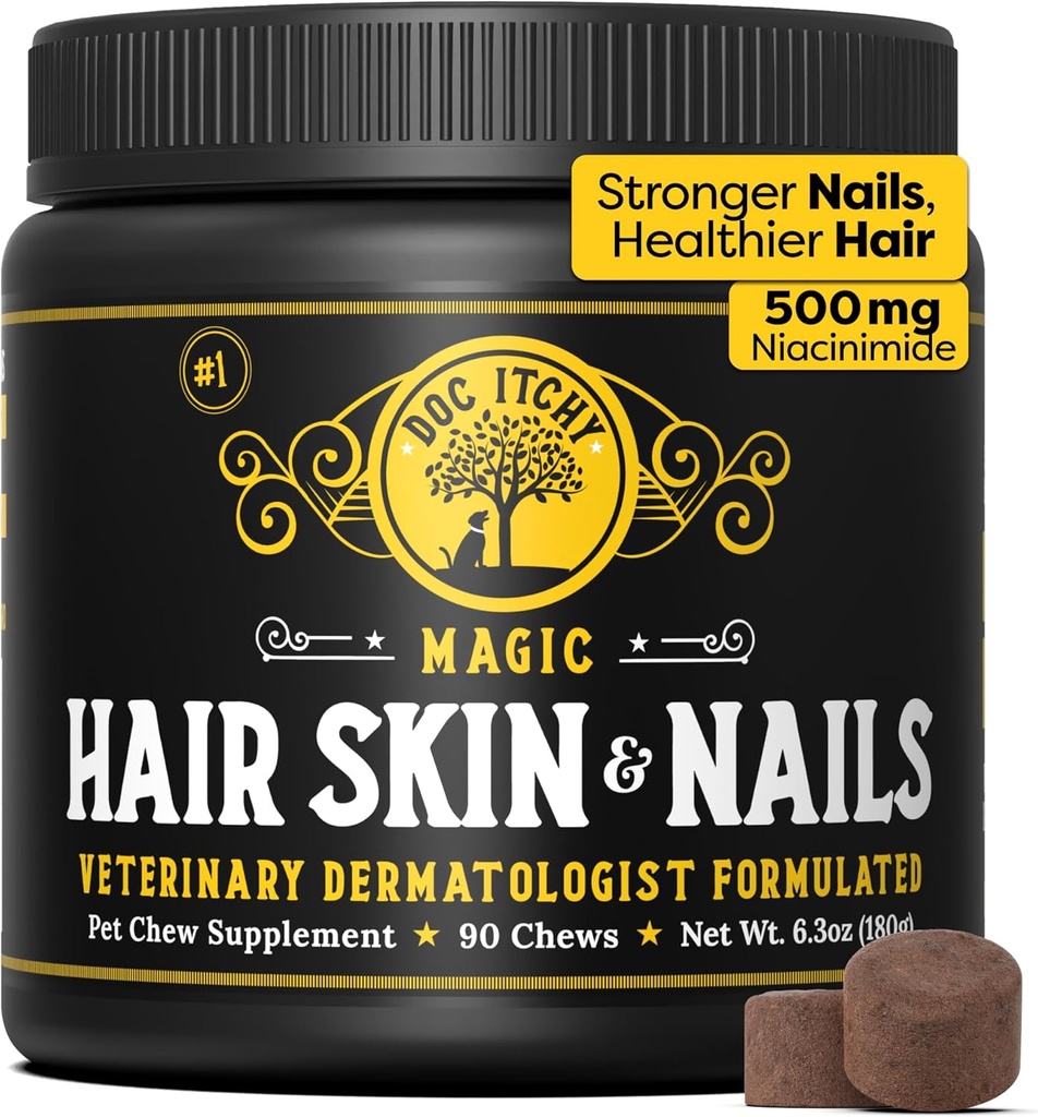 医用-Strength hair Skin & Nails Dog Chews →维生素 A Retinol & B3 Niacinamide for Dogs → EPA Omega 3 for Dog → Relieve ITCHING, Flaky Skin & Brittle Nails → 90 Chews