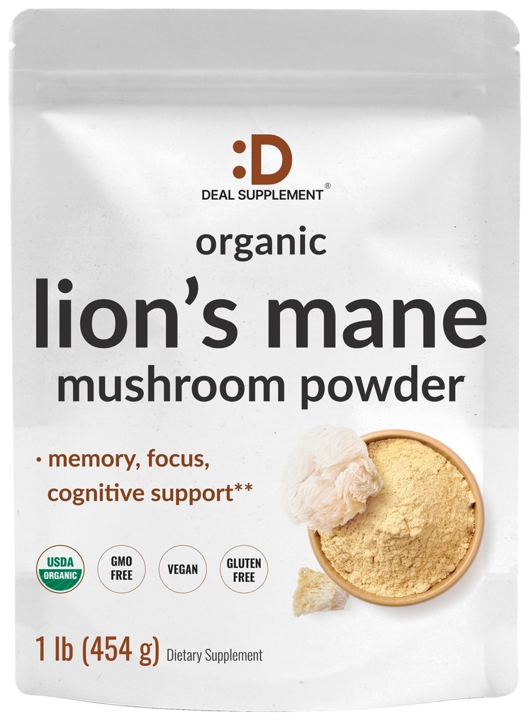DEL Supplment 有机狮子马恩蘑菇粉补充剂,每服1,500mg, 1lb – 活果体和菌体提取剂 – 天然脑结核和免疫系统促进剂 – 非GMO