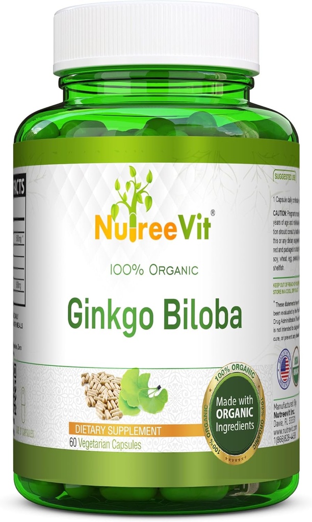 NutreeVit 100% Organization Ginkgo Biloba Capsules - 支持脑健康,精神警惕,循环,和增强记忆 - 有机抗氧化剂 - 100 瓶子