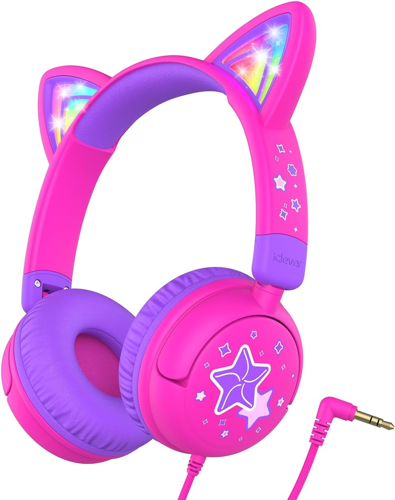iClever儿童耳机 猫耳机 LED Light Up, 85dBA Safe Volume, Stereo Sound Toddler Headphones for Travel School, Foldable 3.5mm Wired儿童耳机 iPad平板电脑, Meow Lollipop-Hot Pink