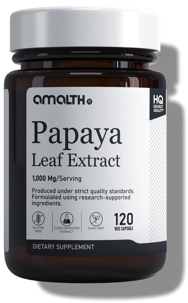 Papaya Leaf 提取消化酶 1000mg,10x Potency 120 Veg Capsules - Blood Platlet, Bone Marow & Spleen 支持,消化和豁免支持 Amalth 在美国开发