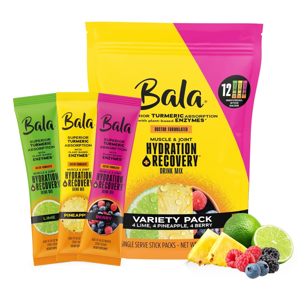 Bala Enzyme 水分和无糖饮料混合剂 - Turmeric, Bromelain, Papain - 豁免,流动 - Variety Pack 0.25oz (12 Counter)