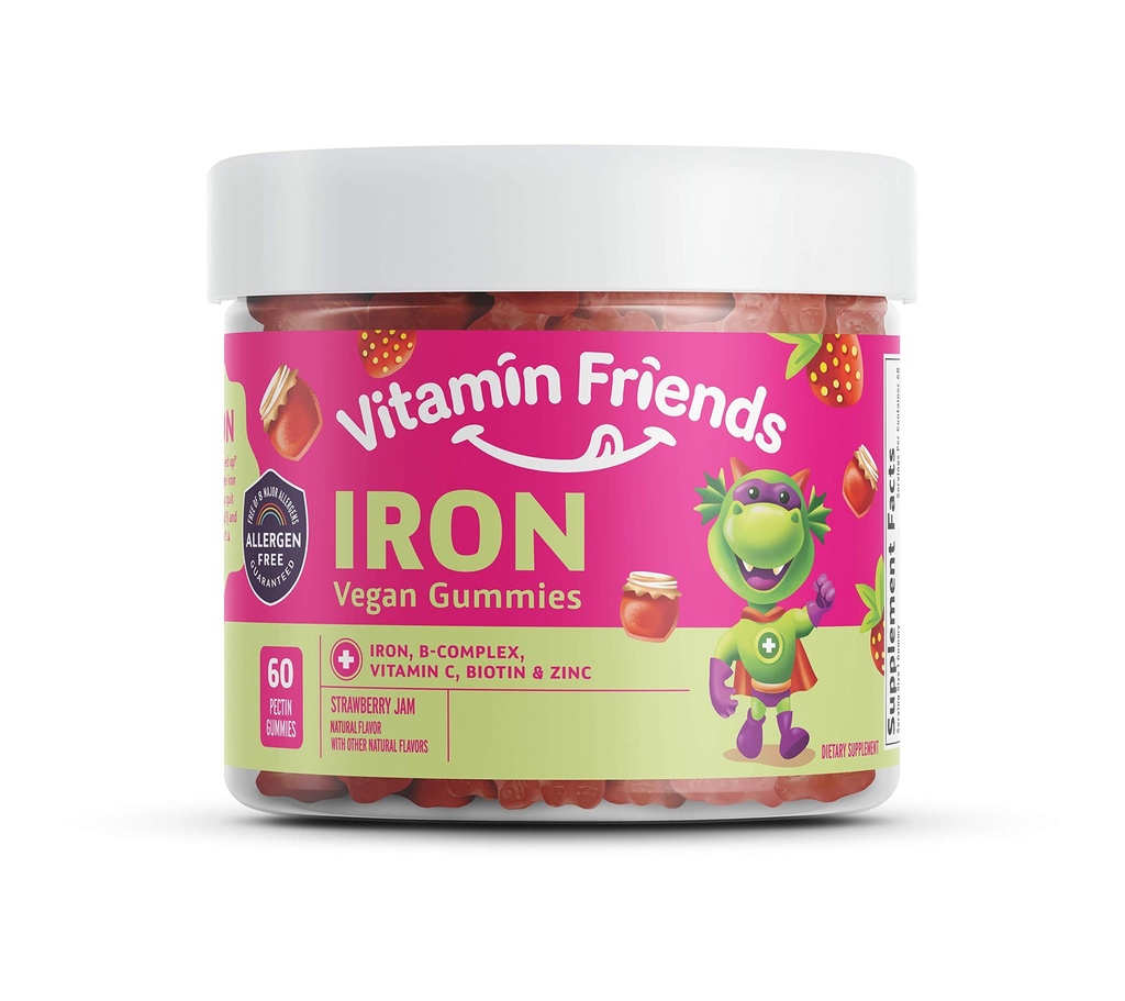 维生素之友 - Vegan 多维生素和铁给孩子 - 日常营养支持 Gummys w/Ferous Fumaate B-Complex,维生素C,锌,Biotin - 身体功能和贫血 - 草莓 Jam(60天供应)