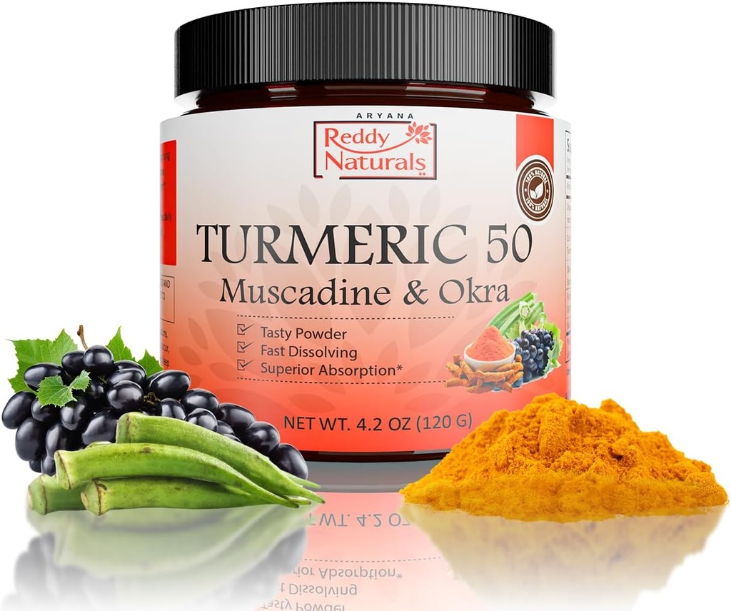 Reddy Naturals Aryana Turmeric 50 – 有机图尔克补充粉末与Muscadine Grape & Okra – 快速溶解,基于植物的日常健康公式 – 30 services