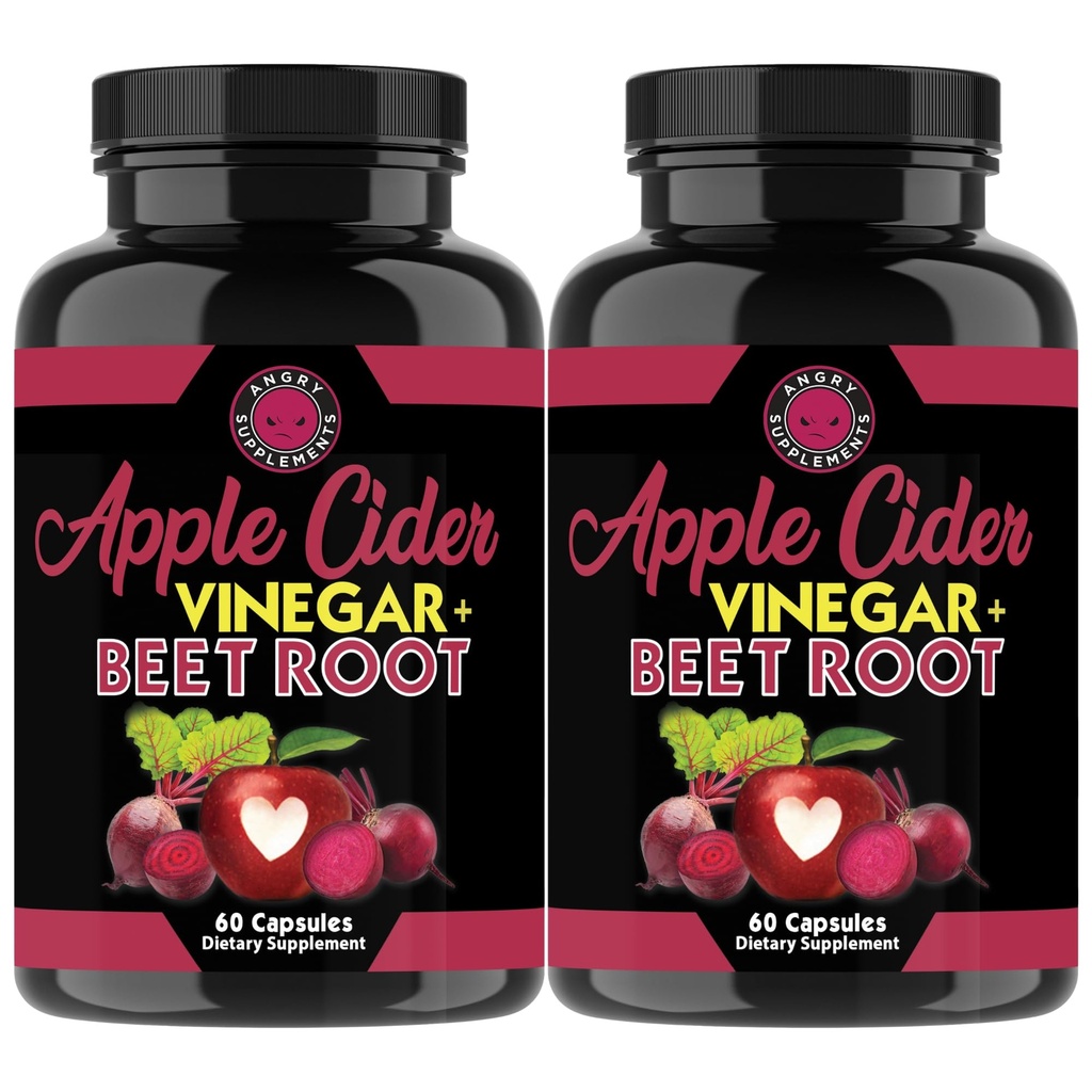 Angry 补充 Apple Cider Vinegar + Beet Root Power Capsules, 纯 ACV Beetroot 1000 mg / service, Nitric Oxide Boster 和 Digestive Health for Men and Men and Women 60ct, 2 Pack (共计120 cm)