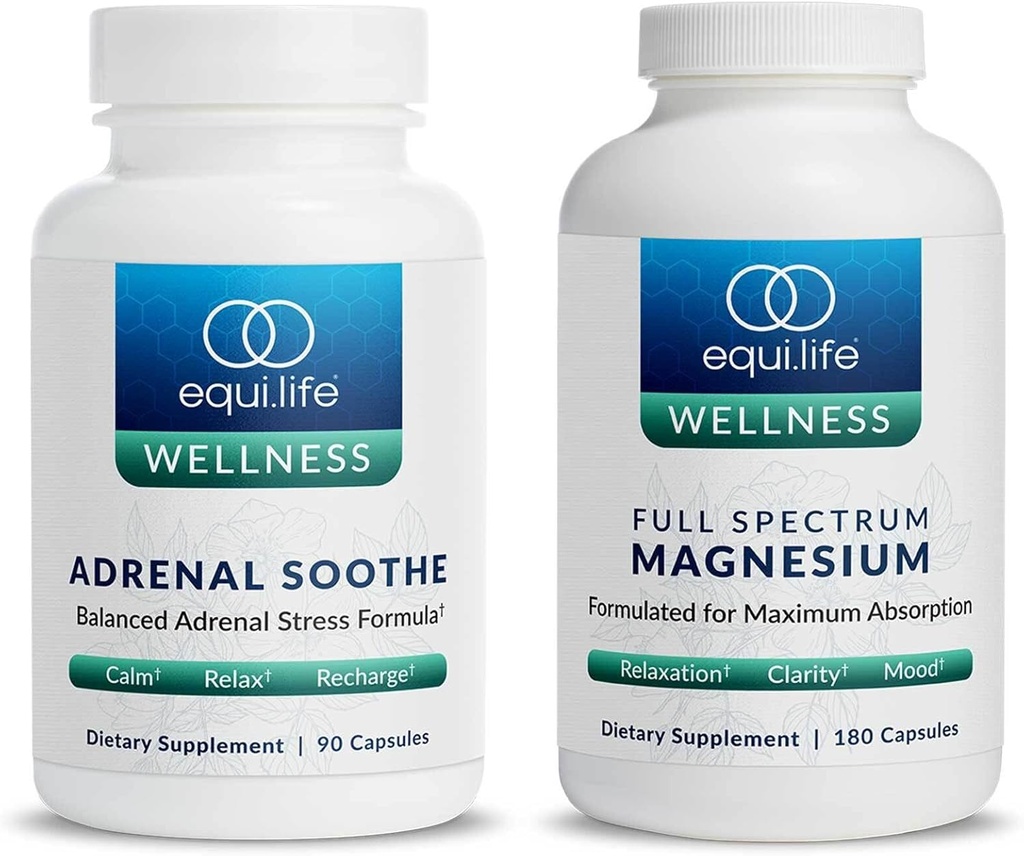 Equilife Full Spectrum Magnesium (180 ct.) and Adrenal Soothe (90 caps) Bundle Mood & Energy Support Supplor, Vegan, Non-GMO (英语).