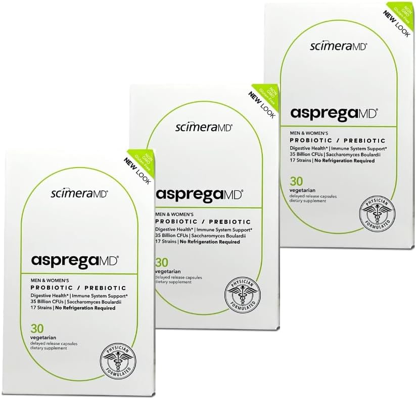 Asprega 30CT - Probiotic + Prebiotic Supplement QQ 17 Strains,35亿 CPUs 延迟释放QX Saccharomyces Boulardii 男与女 由ScimerAMD, 3-Pack