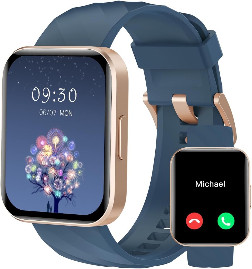 RUIMEN 女子男子智能观察(Answer/Make calls) 与iPhone/Android Phone兼容,1.85"HD 屏幕适配性跟踪器心率监视器100+运动跟踪器防水(蓝色)