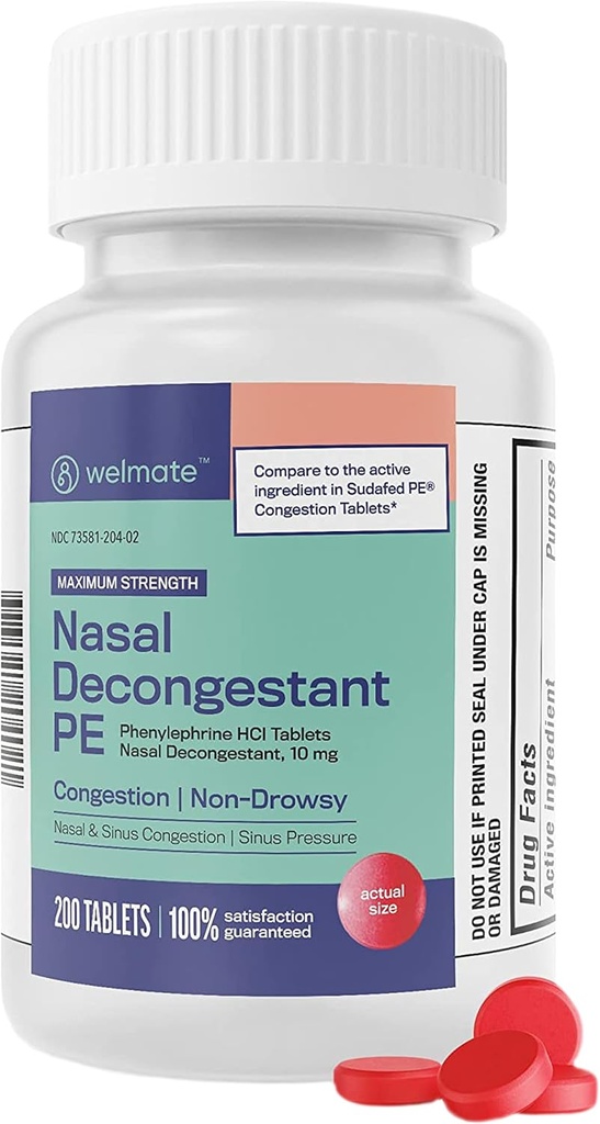WELMATE - 鼻塞氏剂 PE - Phenylephrine HCl 10 mg - 最大强度 - 致寒药和过敏药 - 非醉药 - 抗己胺 - 止痛药 - 成人十大剂 - 200片