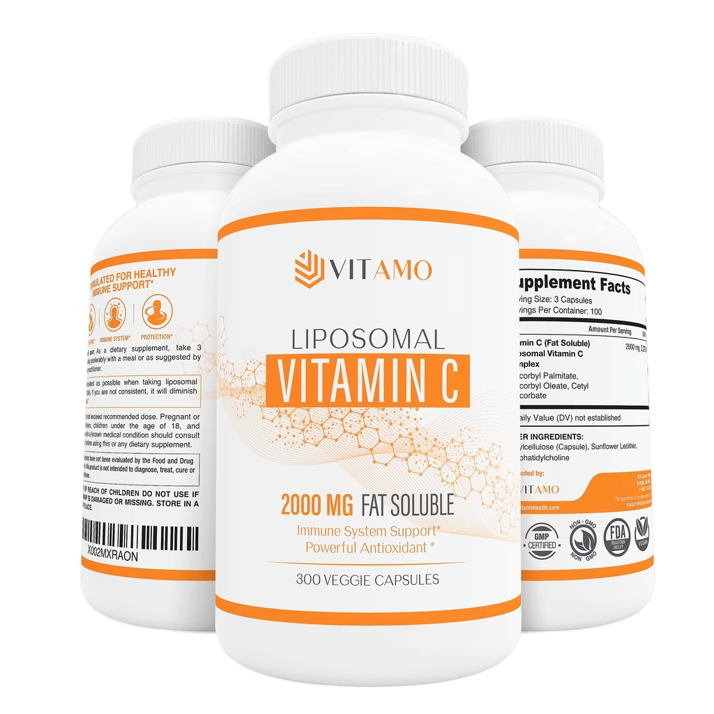 Liposomal 维生素 C 2000mg 高级交付系统 300 Capsules Imunes 支持和Collagen 助推器 高吸收 Ascorbic 酸,高剂量维生素c,零大豆,100%非GMO
