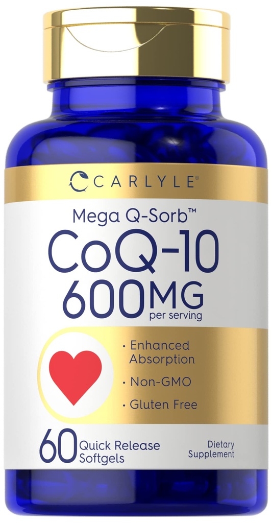 Carlyle CoQ10 600 mg Softgels | 60 Counter | Mega Q-Sorb Coenzyme Q-10 | 与黑椒抽取 | Non-GMO & Gluten Free Supple