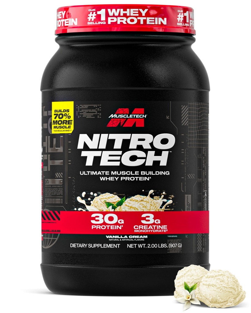 肌肉科技 Whey蛋白粉(Vanilla Cream,2.2英镑) - Nitro-Tech Ultimate Muscle Building Formulament with Whey 蛋白质隔膜-30g of 蛋白质,3g of Creatine and 6.8g of BCA - 包装 May Vary