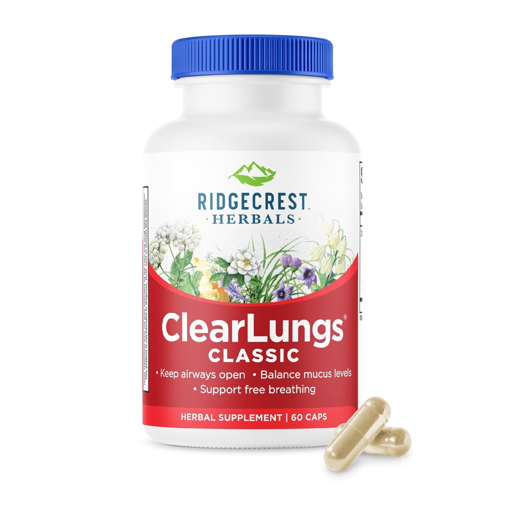RidgeCrest Herbals ClearLungs Classic,天然肺和鼻天健康补充剂,用于溴化,呼吸,免疫,辛纳斯和Mucus Wellness支持,草药配方(60 Caps,30 Serv)