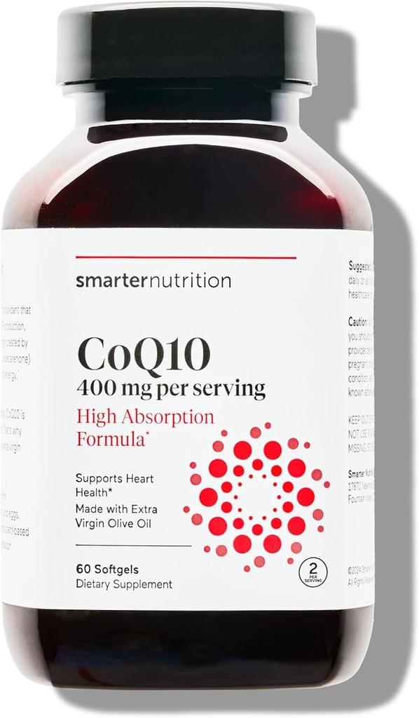 SMARTER NUTION CoQ10 400 mg 高吸收量 - 天然发酵的Ubiquinone w/Organic Cold-Pressed 橄榄油 - 用于心脏健康,细胞能量 - 非GMO,Gluten Free - 60 Counter [30日供应]