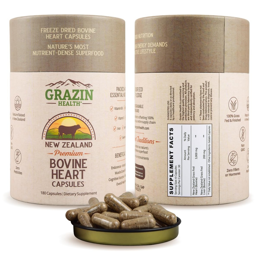 草鳍冻死-枯燥的Bovine Heart 和 Liver Capsules 3000 mg / service → CoQ10、铁、锌和B12 天然心脏、能量和免疫支持补充剂