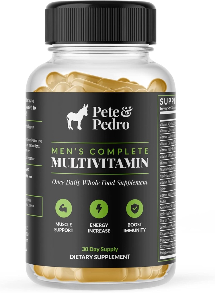 Pete & Pedro Men's Complete once Daily food multivitamins – 帮助肌肉支持、能量和豁免的补编 – Non-GMO, Natural, Made in America l As Seven on Shark Tank, 30日供应
