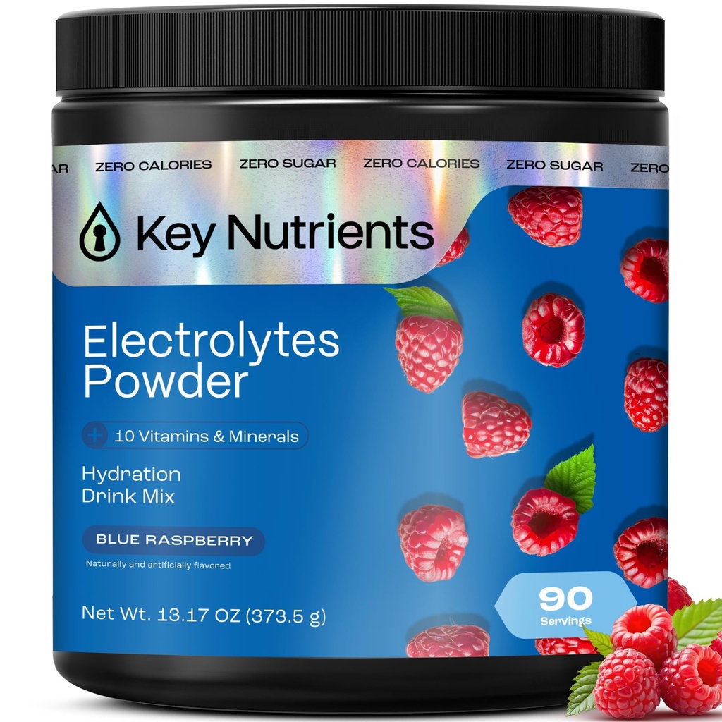 KEY NUTRIENTS Multivitamin Electrolytes Powder No Sugar - Sweet Blue Raspberry Electrolyte Powder - Endurance & Energy Supplement - Hydration Powder - No Calories - 90 Servings - Made in USA