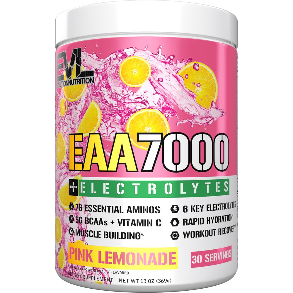 Evlution营养 EAA700 + 电解质 - 工作前和工作后粉末 - 肌肉建筑 + 恢复补充剂 - 7g EAAs + 5g BCAAs + 6 键电解质 - 快速水解 - 30 服务 - 粉红柠檬水