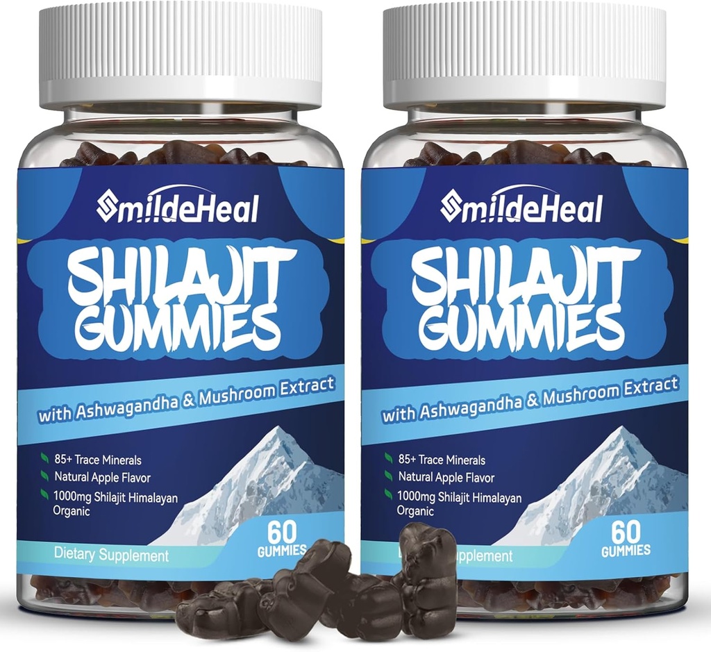 Shilajit Gummys 1000 MG,有机Shilajit补编,85+ Trace Minerals,配有Ashwagandha,蘑菇 - 能源,大脑,豁免支助,男女120个