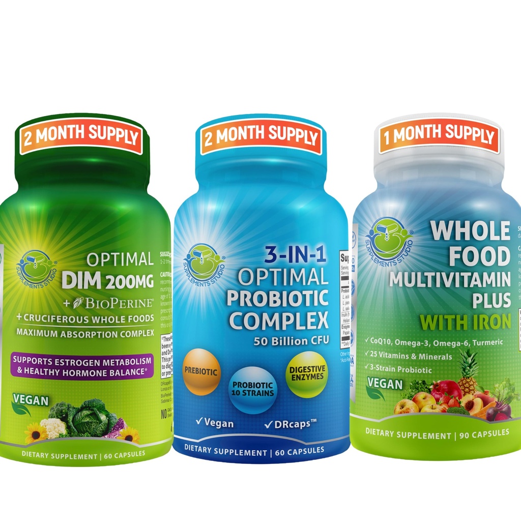 荷尔蒙平衡与消化健康三重奏 — DIM 200mg 与 BioPerine + Cruciferous Vegies + 3-in-1 与 Prebiotics 和 Ezymes + 全食 多维特敏 与铁 – Vegan Wellnity 支持