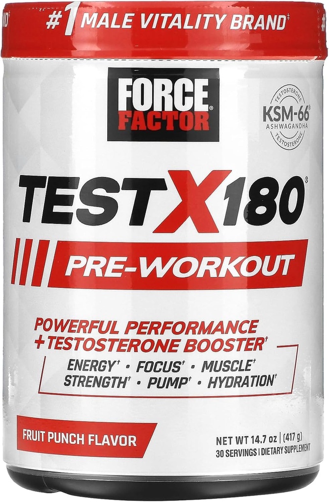 FORCE FACTOR 测试 X180 工作前粉末和能量补充,助力焦点和耐力,构建肌肉和力量,Nitric Oxde 补充 Ashwagandaha & L-Citrulline,水果扑克,30种服务