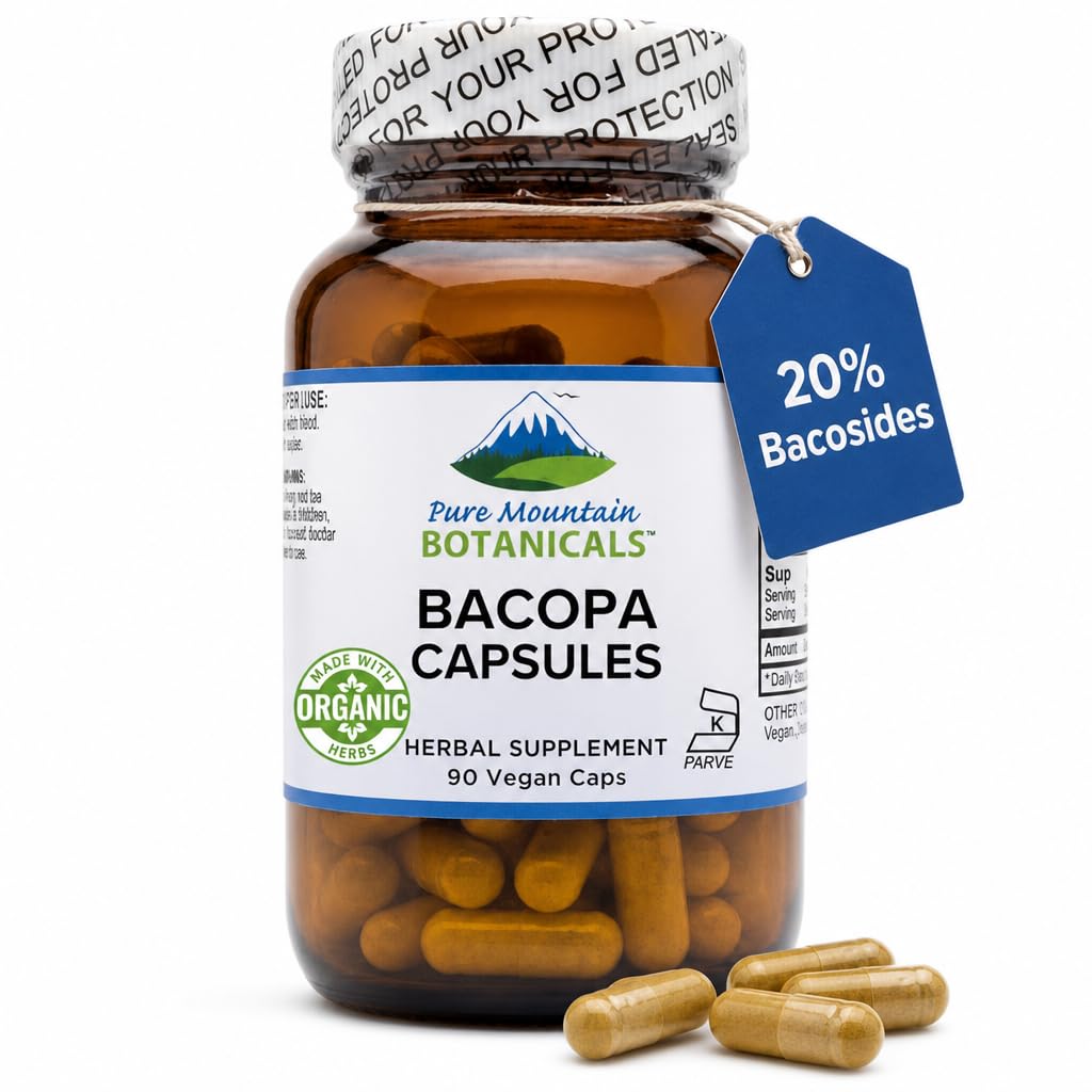 纯山植物学 Bacopa Monnieri Capsules - Vegan Caps with Organic Bacopa & 标准化 Bacopa 提取补充