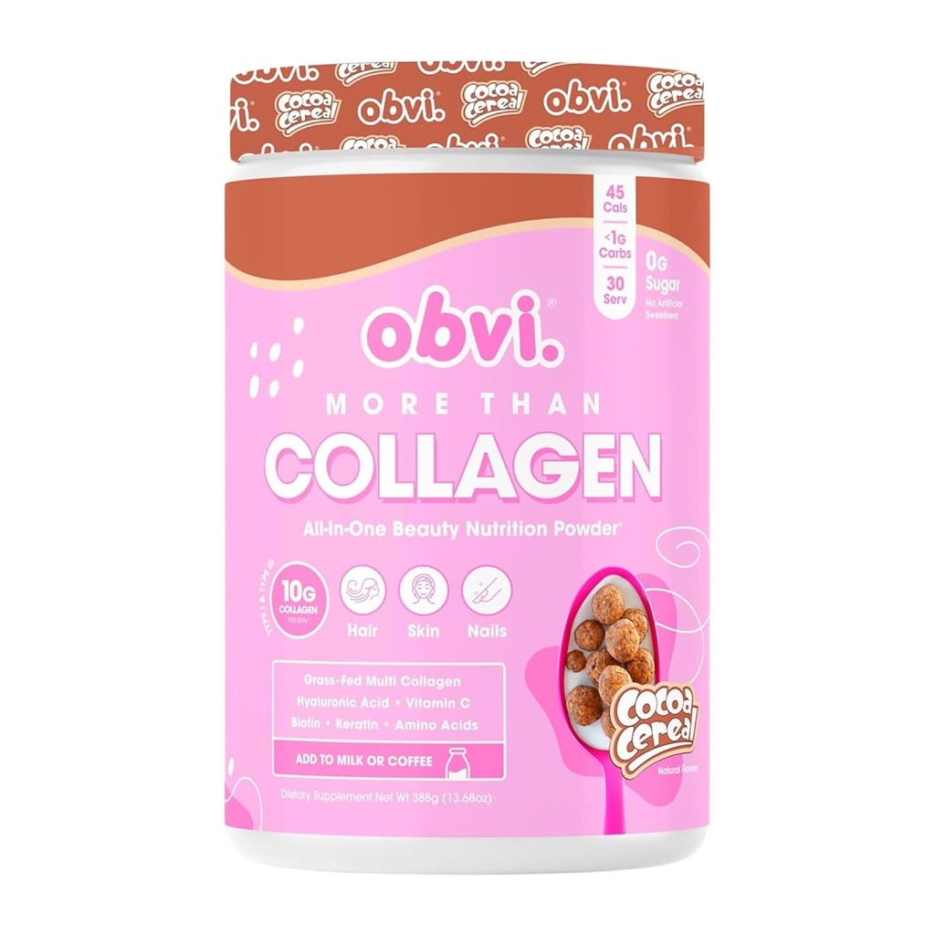 Obvi More Than Colagen Powder 支持健康头发,皮肤,钉子,关节, Gut QQ 草-Fed 多科拉根 配有 Hyaluronic Acid, Biotin, Keratin QQ Cocoa Cereal, 30 服务