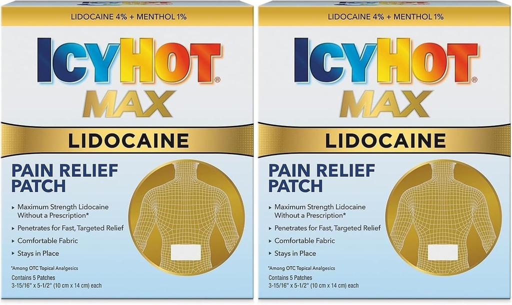 冰热 Max 强力 利多卡因 止痛补丁(5个计数) Penetrates for Fast, profile Relief (Pack of 2) (简体中文).