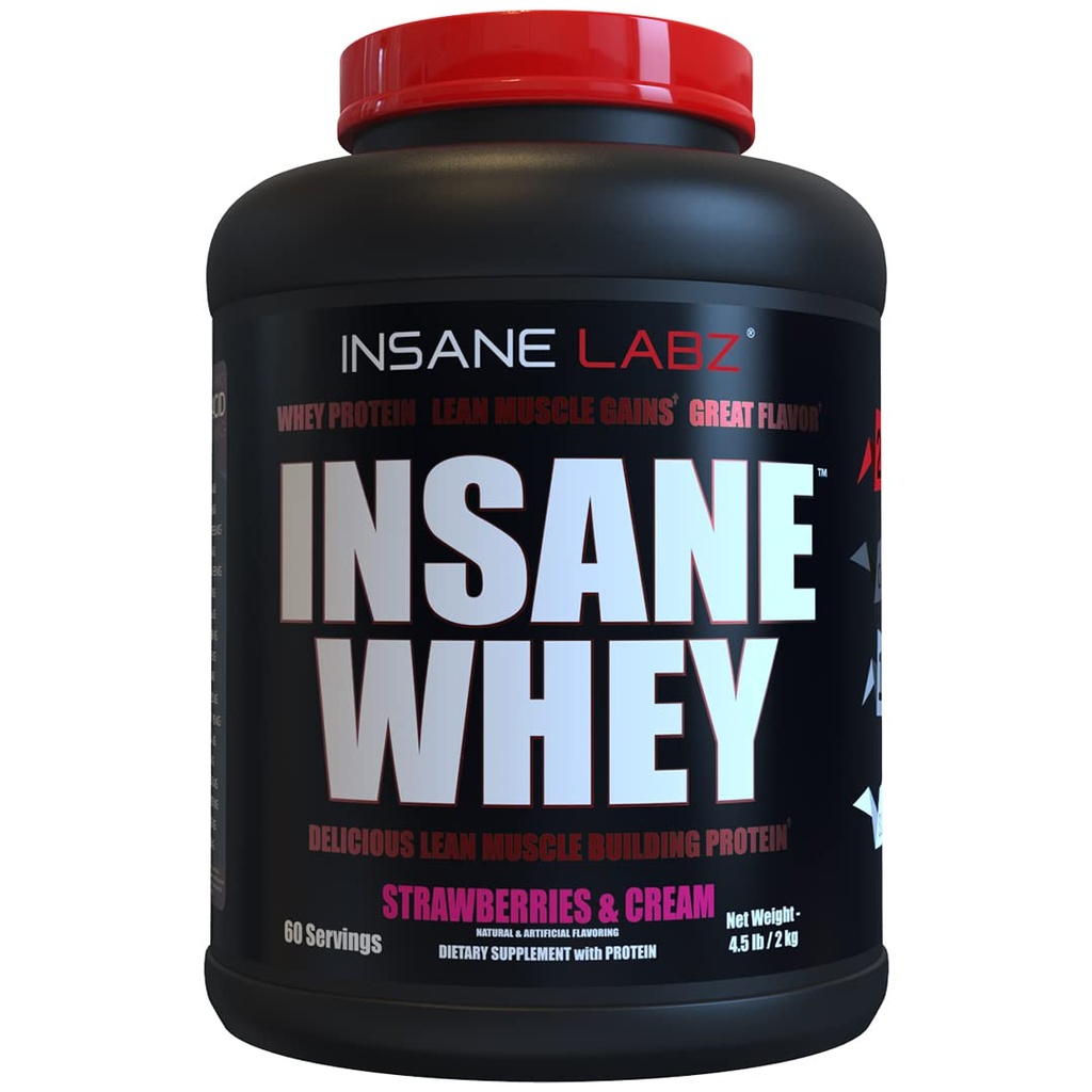 Insane Labz Insane Whey 100% 肌肉建筑 Whey蛋白, 工作后, BCAA 氨基素简介, 质增益器, 食用替代, 5lbs, 60 Srvgs, (草莓和奶油)