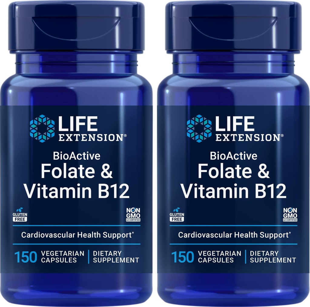 生命延伸 生物活性 Folate & Vitamin B12, 150 Vegetarian Capsules (Pack of 2), 非 GMO, Gluten Free