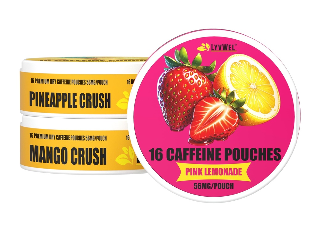 LyvWel 56mg Cafeine Energy Puches – Pink Lemonade, Pineapple Crush, Mango Crush – 水果清洁能源与重点助推 瓜拉纳3-Pack采样机(48总邮袋)