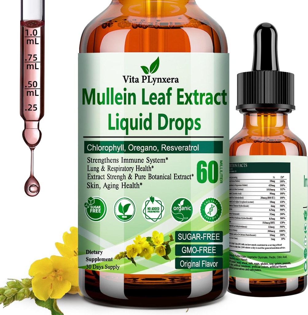 Mullein Drops for Lungs, 有机Mullein Leaf提取剂 for Lung Detox w. Chlorophyll Elderberry Oregano Oregano Oil Resveratrol Mullein Tincture 酒精无毒,原Flavor, 2 fFl/Oz