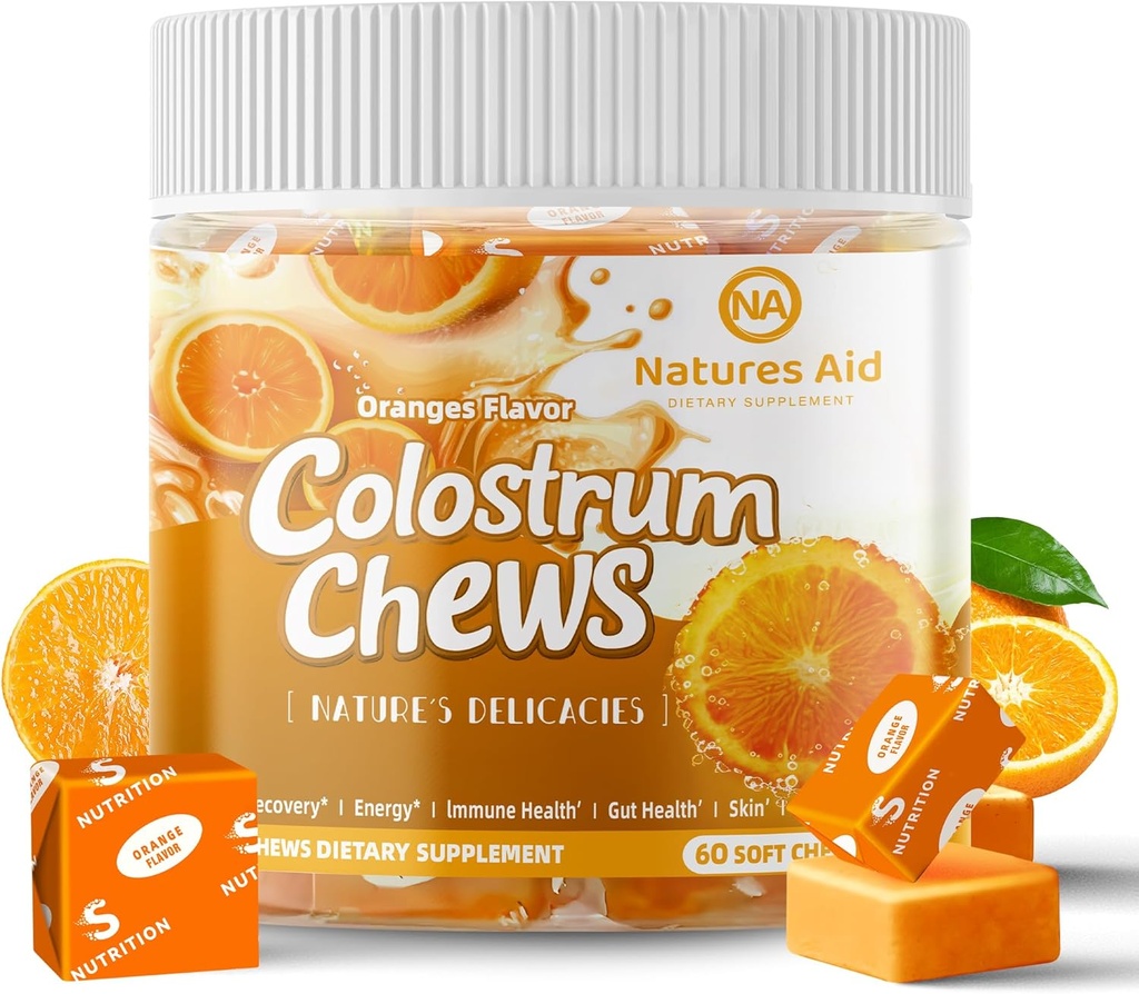 Colostrum Chews 配有辅生素的《古特健康》,《布洛丁》,《免疫支持》,《皮肤》,《发型和美貌》,《橙色火焰》(60种服务)