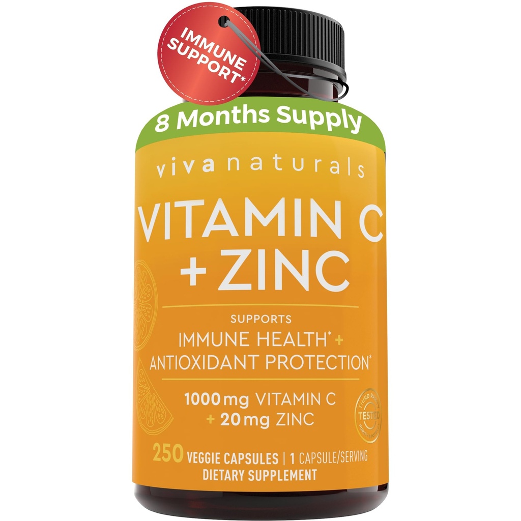 天然维生素C和锌补充剂1000mg - 20mg锌(250 Veggie Capsules) - 高概率和维生素C 配有氨基支持锌 - 非GMO,Gluten免费(8个月供应)