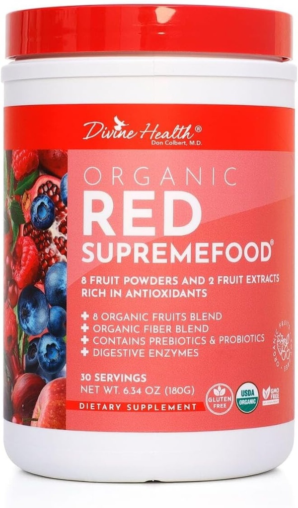 Divine Health Organization Red Suprefood + 10 Organic Fruts + Probiotics, Ezymes, Herbs, Fiber and Antioxidants → Non-GMO Berry Flavored Blend + + = (180g) (30天供应)