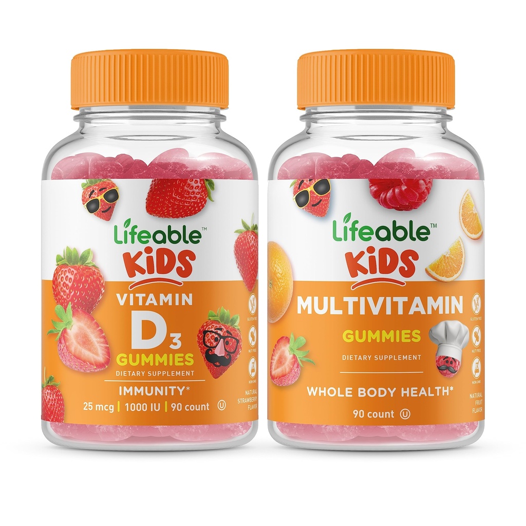 活生生的维生素D儿童+多维生素儿童,Gummys Bundle - 极品尝,维生素补充,Gluten Free,GMO Free,Chewable Gummy