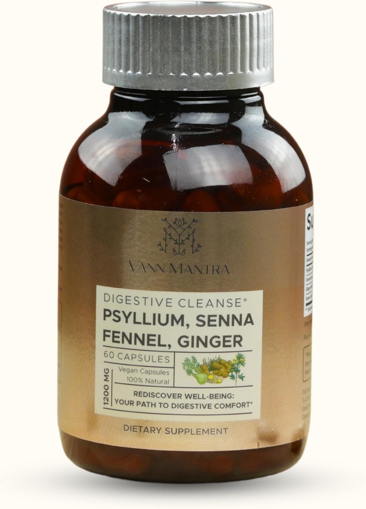 消化性清洁胶囊 - 1200mg Psyllium, Senna, Fennel, Ginger 提取 - 60 Counter, Natural Digestive & Health Supports, Gentle Bowel Movement Aid - Vegan 平衡脂肪健康公式