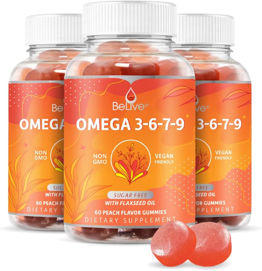 BeLive Organic Omega 3 Gummies - Omega 3 6 9 7 DHA & EPA from Flaxseed Oil & Sea Buckthorn Fruit Oil, Vegan, for Kids & Adults, Full Body, Brain & Eye Support, Sugar Free – Peach | 3-Pack