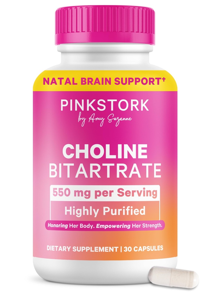 Pink Stork Choline - 550 mg Choline Bitartrate 来自VitaCholine的孕妇+产后母亲- 胎儿认知健康+母乳质量产前维生素 - 1 Capsule Daily, 30 Counter