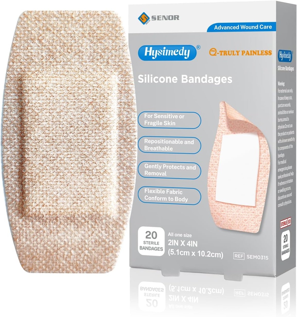 Silicone Adhesive Bandages 大尺寸用于敏感脆弱皮肤 2"x4" 20 个软纤维Latex 自由假体XL Breathergenic Bandages for Adhesive Alergy Wounds