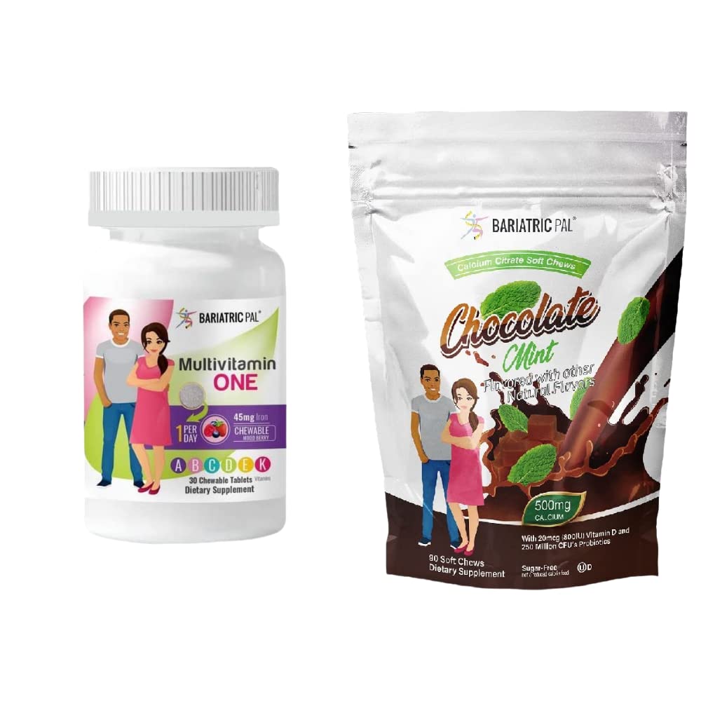 BariatricPal 30天Bariatric Vitamin Bundle(多维他命一日一号)! 用45mg的铁-混合莓和钙 配以Probiotics的Citrate软汁500mg-巧克力薄荷)