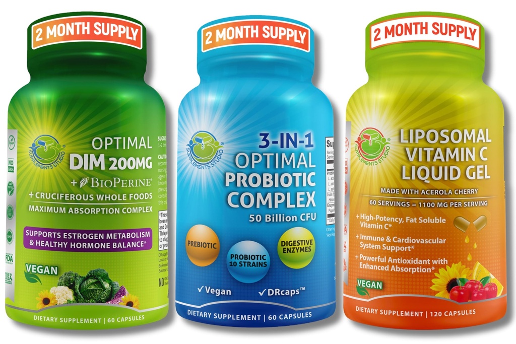 荷尔蒙、消化和免疫支持包 - DIM 200mg 与 BioPerine → & Cruciferous 整体食品 + Vegan 3-in-1 Probiot 50亿 CMU + Liposomal 维生素 C 1100mg 与 Acerola Cherry - 无填充器